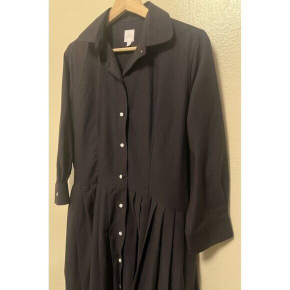 ANN MASHBURN Shirtwaist Midi Dress Black Cotton Button‎ Up Women's Size L No Tie - Picture 7 of 11